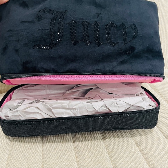 NEW Juicy Couture Black Velour‎ XL Multi Compartment Rhinestone Logo Makeup Bag - Picture 6 of 6
